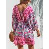CUPSHE Women’s Plunging V Neck Backless Beach Dress Paisley Boho Blouson Sleeve Back Tie Waist Tie Mini Summer Dresses(Hot Pink)