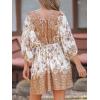 CUPSHE Women’s Plunging V Neck Backless Beach Dress Paisley Boho Blouson Sleeve Back Tie Waist Tie Mini Summer Dresses(Orange Floral)