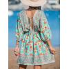 CUPSHE Women’s Plunging V Neck Backless Beach Dress Paisley Boho Blouson Sleeve Back Tie Waist Tie Mini Summer Dresses(Teal)