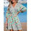 CUPSHE Women’s Plunging V Neck Backless Beach Dress Paisley Boho Blouson Sleeve Back Tie Waist Tie Mini Summer Dresses(Teal)