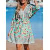 CUPSHE Women’s Plunging V Neck Backless Beach Dress Paisley Boho Blouson Sleeve Back Tie Waist Tie Mini Summer Dresses(Teal)