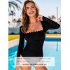 CUPSHE Women’s Rash Guard Long Sleeve One Piece Swimsuit Square Neck Open Back Tie Scalloped(Black)