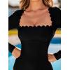 CUPSHE Women’s Rash Guard Long Sleeve One Piece Swimsuit Square Neck Open Back Tie Scalloped(Black)
