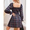 CUPSHE Women’s Red Plaid Ruffle Cuff Fall Dress Square Neck Long Puff Sleeve Smocked Bodice Casual Mini Autumn Dresses(Navy Blue)