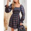 CUPSHE Women’s Red Plaid Ruffle Cuff Fall Dress Square Neck Long Puff Sleeve Smocked Bodice Casual Mini Autumn Dresses(Navy Blue)