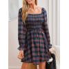 CUPSHE Women’s Red Plaid Ruffle Cuff Fall Dress Square Neck Long Puff Sleeve Smocked Bodice Casual Mini Autumn Dresses(Navy Blue)