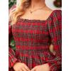 CUPSHE Women’s Red Plaid Ruffle Cuff Fall Dress Square Neck Long Puff Sleeve Smocked Bodice Casual Mini Autumn Dresses(Red)