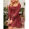 CUPSHE Women’s Red Plaid Ruffle Cuff Fall Dress Square Neck Long Puff Sleeve Smocked Bodice Casual Mini Autumn Dresses(Red)