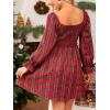 CUPSHE Women’s Red Plaid Ruffle Cuff Fall Dress Square Neck Long Puff Sleeve Smocked Bodice Casual Mini Autumn Dresses(Red)