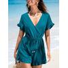 CUPSHE Women’s Romper V Neck Short Sleeves Ruffled Waist Wide leg Jumpsuit Outfit Coverup Casual Dressy(Blue)
