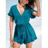 CUPSHE Women’s Romper V Neck Short Sleeves Ruffled Waist Wide leg Jumpsuit Outfit Coverup Casual Dressy(Blue)