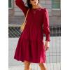 CUPSHE Women’s Round Neck Emerald Green Smocked Long Sleeve Mini Dress Ruffled Hem Casual A Line Short Dress(Burgundy)