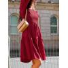CUPSHE Women’s Round Neck Emerald Green Smocked Long Sleeve Mini Dress Ruffled Hem Casual A Line Short Dress(Burgundy)
