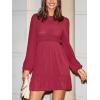 CUPSHE Women’s Ruffle Mini Fall Dress Crew Neck Long Lantern Sleeve Smocked Bodice Elasticized Waist Casual Dresses(Red)
