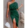 CUPSHE Women’s Satin Dress Backless One Shoulder Short Sleeves Midi High Low Hem Cocktail Party Dress(Emerald Green)