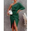 CUPSHE Women’s Satin Dress Backless One Shoulder Short Sleeves Midi High Low Hem Cocktail Party Dress(Emerald Green)