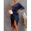 CUPSHE Women’s Satin Dress Backless One Shoulder Short Sleeves Midi High Low Hem Cocktail Party Dress(Navy)