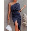 CUPSHE Women’s Satin Dress Backless One Shoulder Short Sleeves Midi High Low Hem Cocktail Party Dress(Navy)