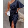 CUPSHE Women’s Satin Dress Backless One Shoulder Short Sleeves Midi High Low Hem Cocktail Party Dress(Navy)