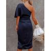 CUPSHE Women’s Satin Dress Backless One Shoulder Short Sleeves Midi High Low Hem Cocktail Party Dress(Navy)