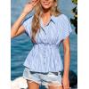 CUPSHE Womens Striped Button Down Collared Shirts Short Sleeve Pleated Peplum Tops Summer Business Casual Blouses 2026(Blue)
