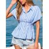 CUPSHE Womens Striped Button Down Collared Shirts Short Sleeve Pleated Peplum Tops Summer Business Casual Blouses 2026(Blue)