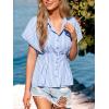 CUPSHE Womens Striped Button Down Collared Shirts Short Sleeve Pleated Peplum Tops Summer Business Casual Blouses 2026(Blue)