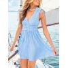 CUPSHE Women’s Striped Smocked Mini Dress Sleeveless V Neck Flowy A Line Button Dress Summer Beach Sundress(Blue White)