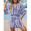 CUPSHE Women’s Summer Jumpsuit Floral Boho Deep V Neck Short Sleeve Wide Leg Beach Vacation Loose Jumpsuit(Blue)