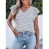 CUPSHE Womens Summer Striped Blouse Knit V Neck Cap Ruffle Short Sleeves Dressy Work Tops Shirt(White)