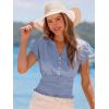 CUPSHE Womens Summer Tops Smocked Puff Sleeve V-Neck Henley Shirts Trendy Button Down Blouses(Blue)