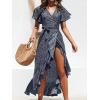 CUPSHE Women’s Summer Wrap Maxi Dress Casual Split Flared Short Sleeve Tie Waist Ruffle Beach Dress(Black-2)