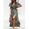 CUPSHE Women’s Summer Wrap Maxi Dress Casual Split Flared Short Sleeve Tie Waist Ruffle Beach Dress(Green Floral)