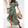 CUPSHE Women’s Summer Wrap Maxi Dress Casual Split Flared Short Sleeve Tie Waist Ruffle Beach Dress(Green Floral)