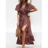 CUPSHE Women’s Summer Wrap Maxi Dress Casual Split Flared Short Sleeve Tie Waist Ruffle Beach Dress(Red Floral)