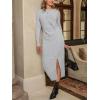 CUPSHE Women’s Sweater Midi Dresses Casual Long Sleeve Crew Neck Twist Waist Ribbed Knit Bodycon Fitted Slit Dress(Grey)
