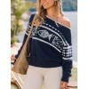 CUPSHE Womens Sweaters Christmas Off Shoulder Long Sleeve Sweater Casual Lightweight Xmas Pullover Sweater Tops(B-navy)