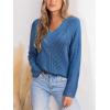 CUPSHE Womens Sweaters Long Sleeve Scalloped V Neck Casual Sweater Trendy Hollow Out Sweater Tops(Blue)