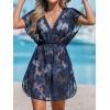 CUPSHE Womens Swimsuit Coverup Sheer Cutout V Neck Beach Dress Short Sleeve Elastic Waist 2025 Summer Outfits(Navy Blue)