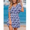 CUPSHE Women’s Swimsuit Coverup Short Sleeve Boho Swimwear Beach Cover Ups Elastic Waist Mini Dress(Blue)