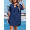 CUPSHE Womens Swimsuit Coverup Short Sleeve Pleated Front Casual Shirt Dress Summer Bathing Suit Beachwear(Blue)