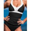 CUPSHE Women’s Tankini Sets Halter Neck Self Tie Two Piece Swimsuit Adjustable Strappy Color Block Ruched Swimwear(Black White Colorblock)