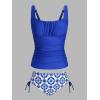 CUPSHE Women’s Tankini Sets Square Neck Two Piece Bathing Suits Ruching Side Drawstring Adjustable Straps Back Hook Swimwear(Blue/Boho)