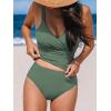 CUPSHE Women’s Tankini Sets Surplice V Neck Two Piece Bathing Suits Adjustable Straps Shirred Mid Rise Swimwear(Eucalyptus Green)