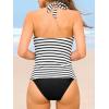 CUPSHE Women’s Tankini Sets Two Piece Swimsuit Scoop Neck U Wire Halter Bathing Suit Adjustable Wide Straps Mid Rise(Black/White Striped)