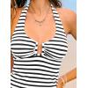 CUPSHE Women’s Tankini Sets Two Piece Swimsuit Scoop Neck U Wire Halter Bathing Suit Adjustable Wide Straps Mid Rise(Black/White Striped)