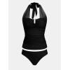 CUPSHE Women’s Tankini Sets Two Piece Swimsuit U Wire Mesh Bathing Suit Halter Strap Mid Rise Ruched Swimwear(Black)