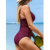 CUPSHE Women’s Tankini Sets Two Piece Swimsuit U Wire Mesh Bathing Suit Halter Strap Mid Rise Ruched Swimwear(Purple Red)