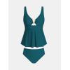 CUPSHE Women’s Tankini Sets Two Piece Swimsuit V Neck V Wire Bathing Suit Ruched Tummy Flowy Hem Mid Rise(Dark Teal Blue)