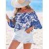CUPSHE Womens Top Off Shoulder Neck Half Sleeves Shirt Floral Blouse Relaxed Casual Loose(Blue)